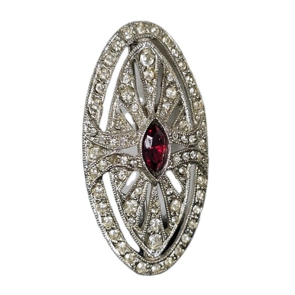 Vintage Art Deco Style Marquise Red Rhinestone Clear Crystal Brooch Pin Jewelry - Picture 1 of 4